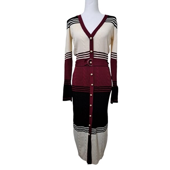 Ashley Stewart Belted Striped Sweater Dress Burgundy/Black Size 10 NWT - Picture 2 of 14